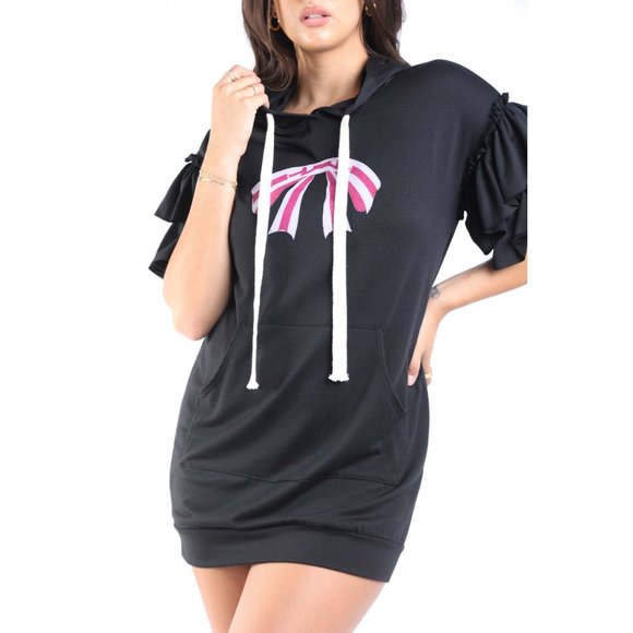 Women's Black Midi Hoodie Dress Short Sleeve Casual Outerwear Sweatshirt Dresses - Picture 9 of 11